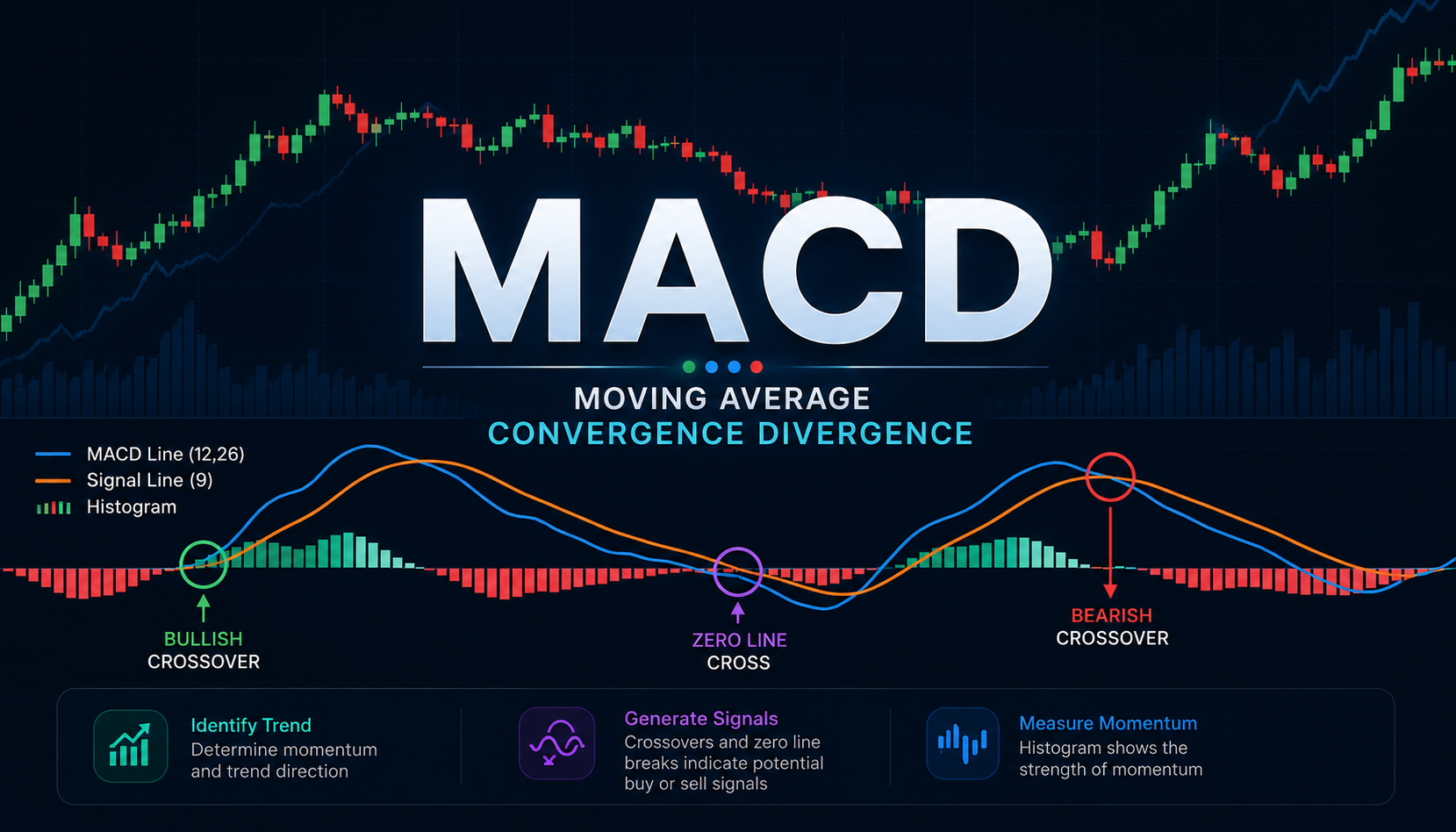 MACD indicator chart showing bullish and bearish crossovers, signal line and histogram.