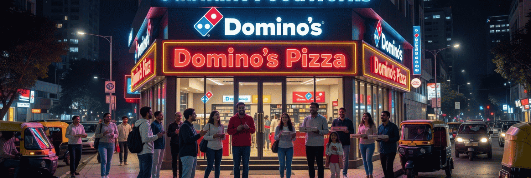 Jubilant FoodWorks and Domino's Pizza store highlighting Q1 FY27 revenue growth, expansion with 58 new stores, and positive share price movement