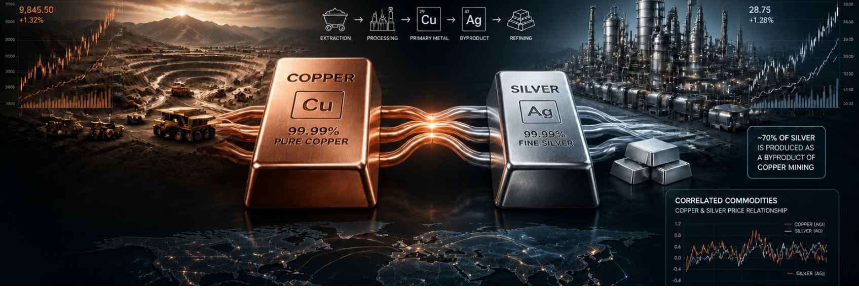 Graphic explaining how copper influences silver prices through byproduct production.
