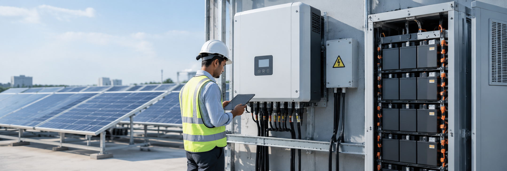 Solar inverter and battery storage equipment connected to rooftop solar panels